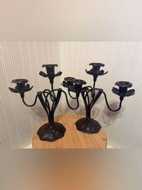 2 Artisan Art Nouveau Floral Black wrought iron inspired Candleholder Candelabra